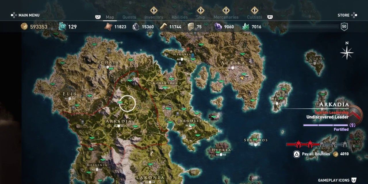 AC Odyssey World Map Showing Arkadia and Surrounding Polis