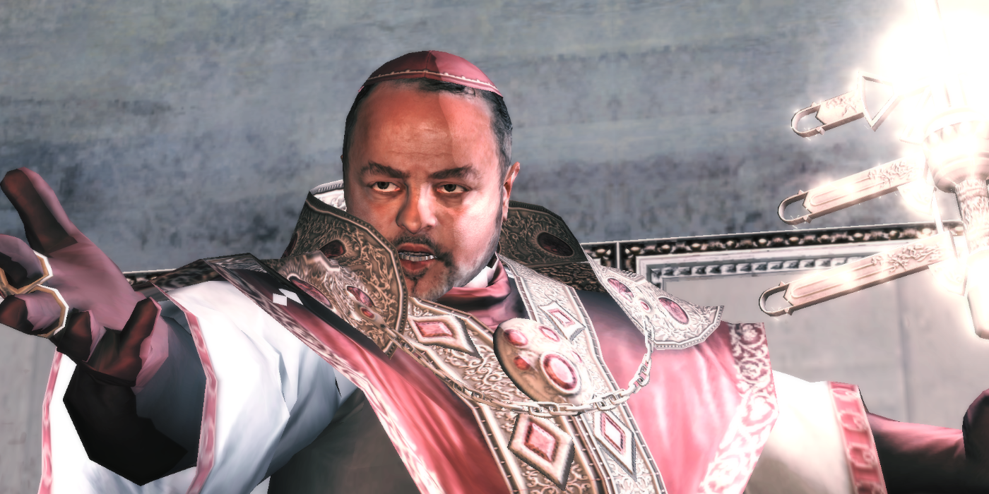 Rodrigo Borgia, as Pope, taunts Ezio with his staff during Assassin Creed 2's climax