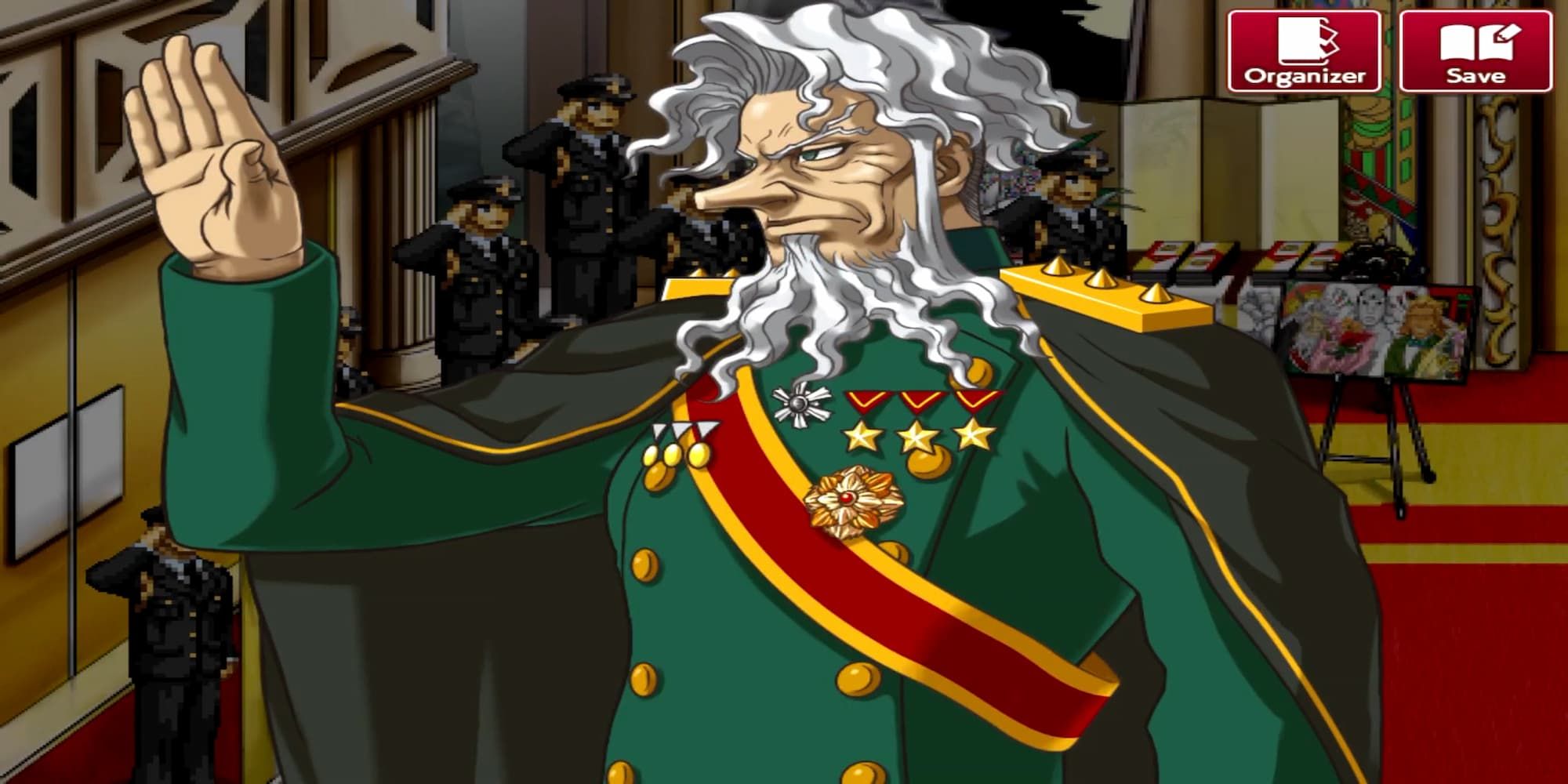Ace Attorney Alba wearing green suit black cape with red sash military medals staring to side with hand up in salute