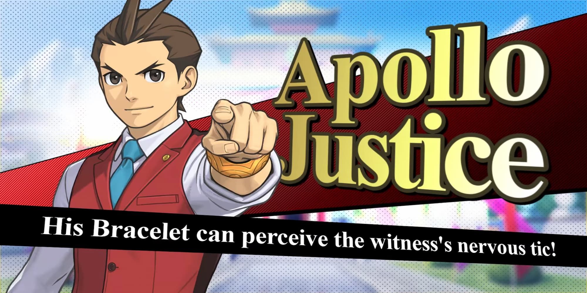 Ace Attorney Apollo wearing red suit and blue tie looking and pointing straight ahead at camera