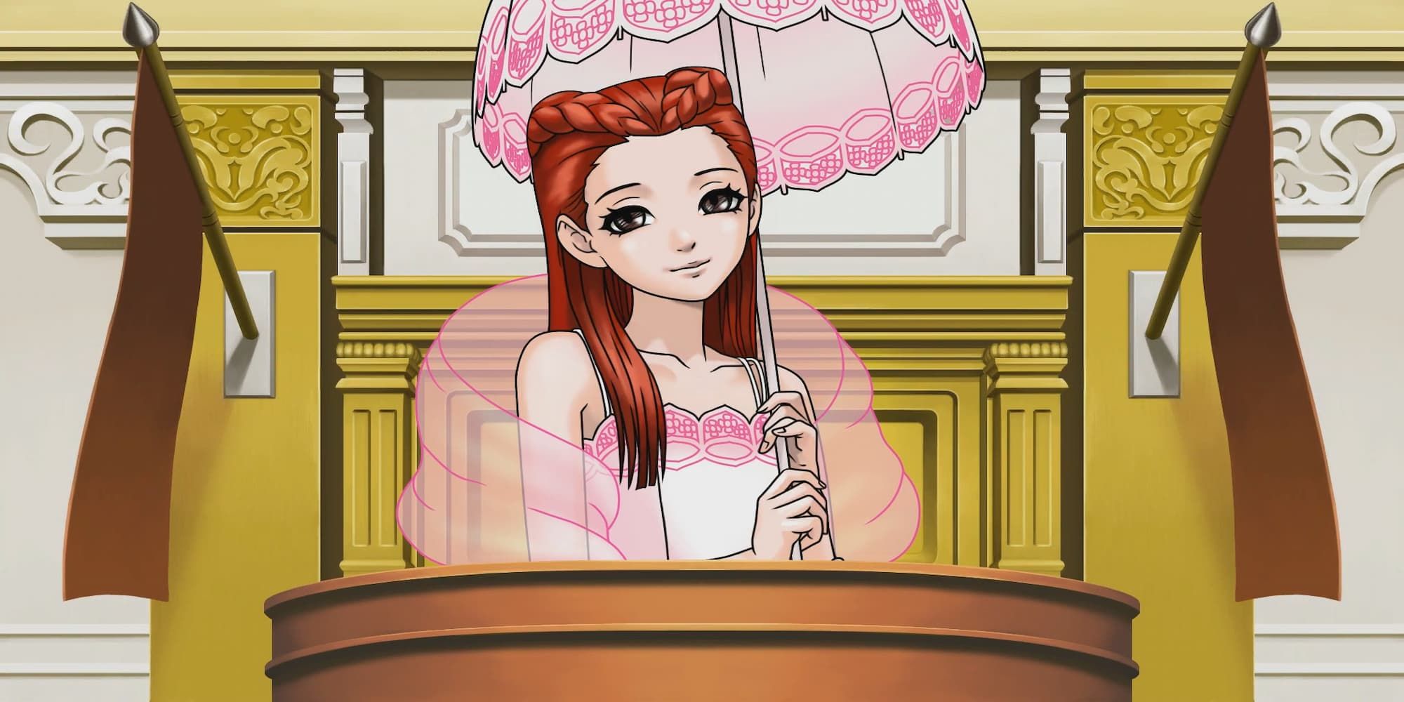 Ace Attorney Dahlia at witness stand in court wearing white and pink dress holding up white and pink umbrella looking at camera smiling serenely