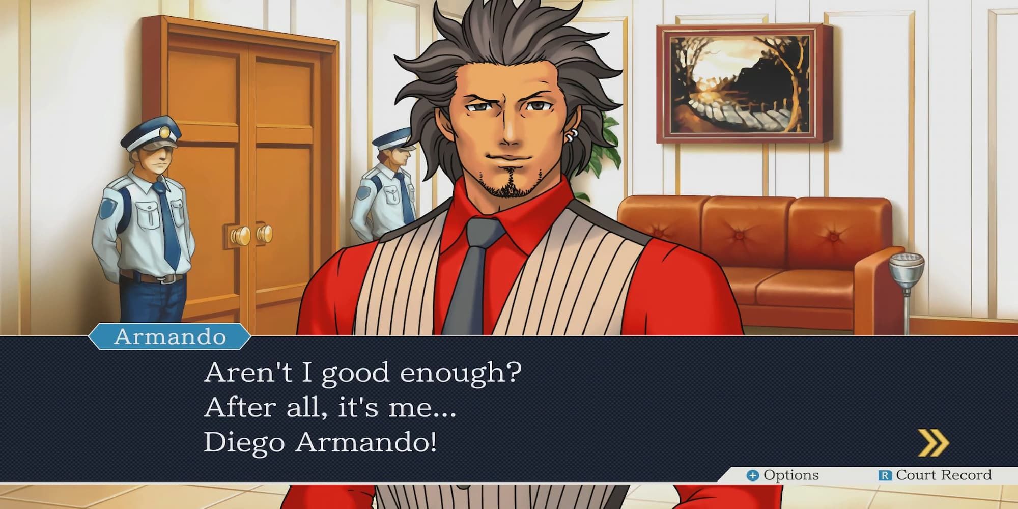 Ace Attorney Diego wearing read shirt and beige pinstripe vest looking at camera 