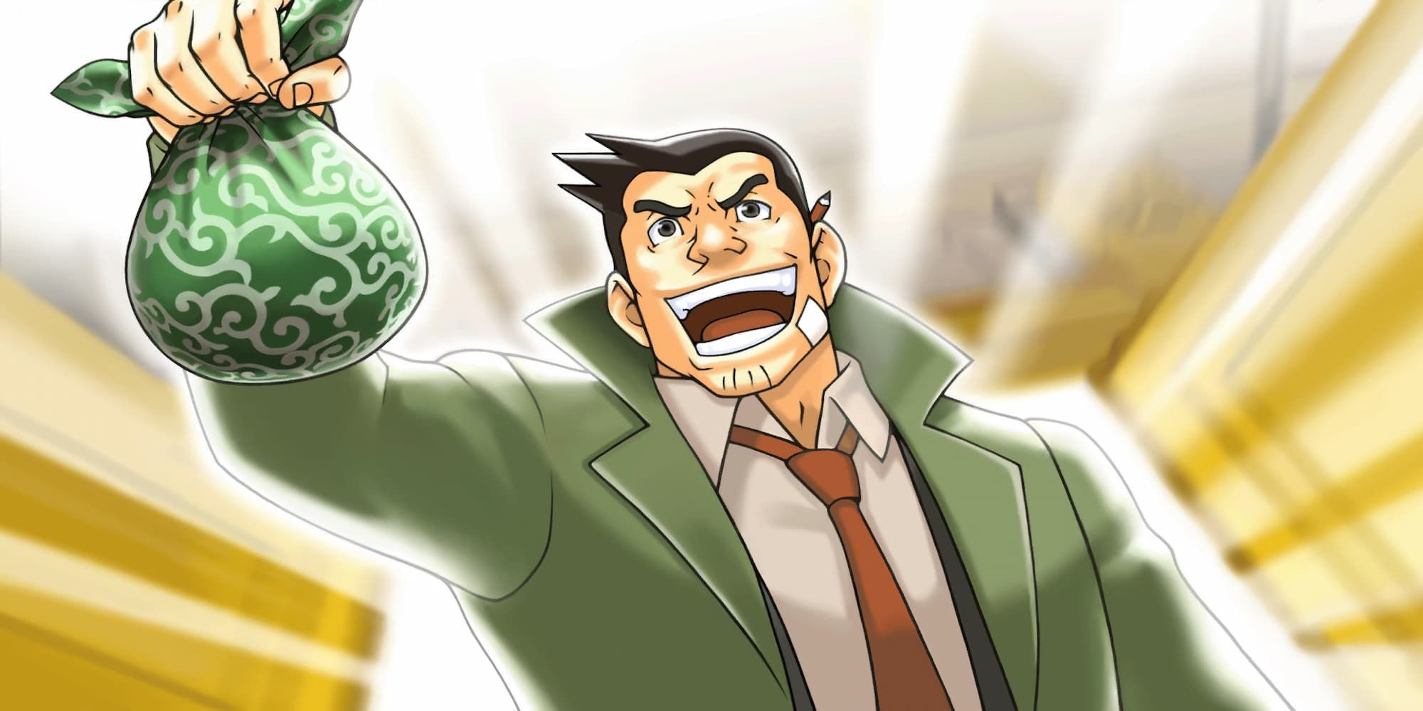 Ace Attorney Gumshoe wearing green suit and red tie grinning and looking just above camera holding a parcel wrapped in green cloth