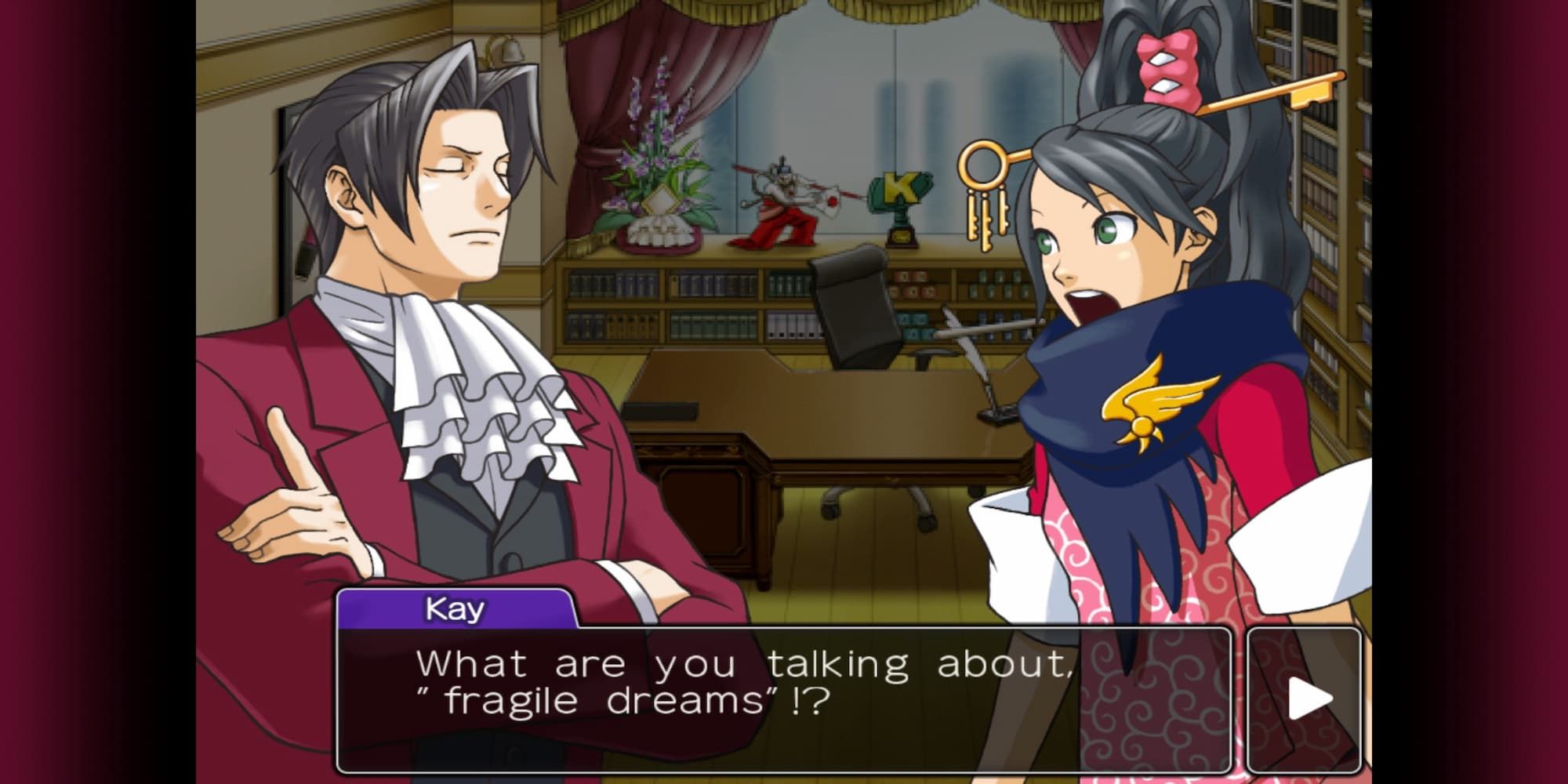 Ace Attorney Kay standing with Edgeworth staring at him to the side wearing a pink outfit and large blue scarf with large key in hair