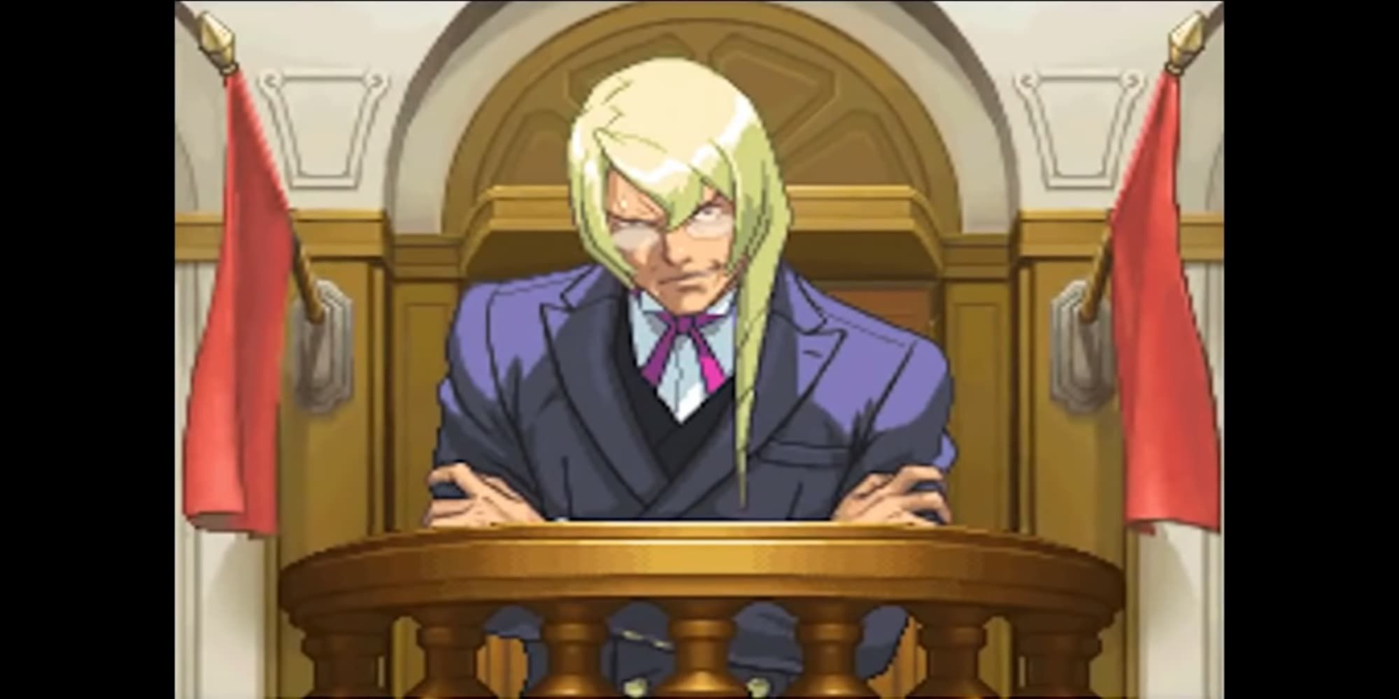 Ace Attorney Kristoph at witness stand wearing purple suit and glasses staring at camera with a grimace in court clutching arms