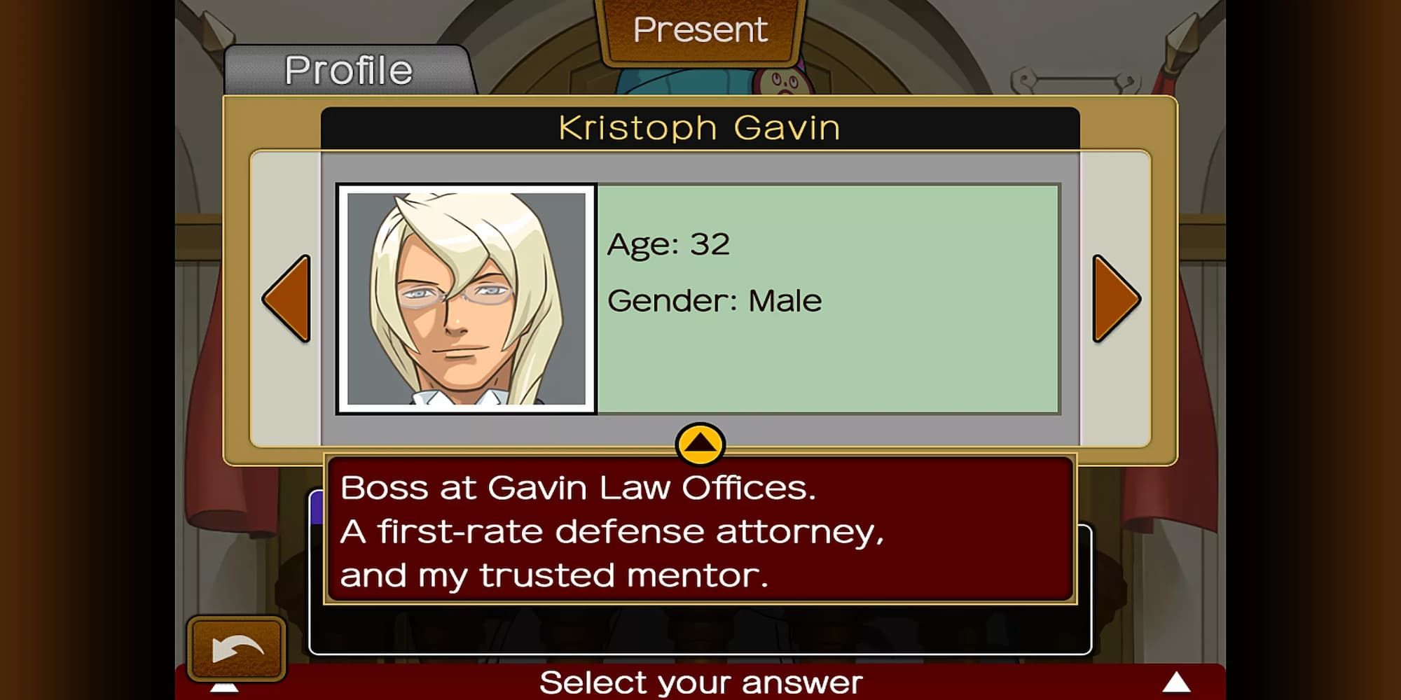 Ace Attorney Kristoph profile picture of his headshot blond hair blue eyes and glasses text reads as "boss at Gavin Law Offices"
