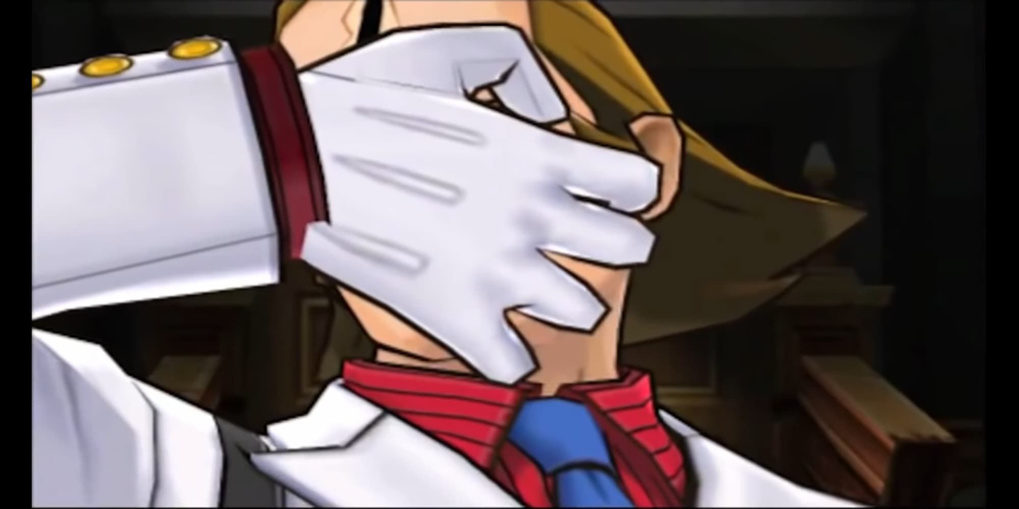 Ace Attorney Phantom closeup wearing white suit and gloves pulling off facial disguise of detective fullbright