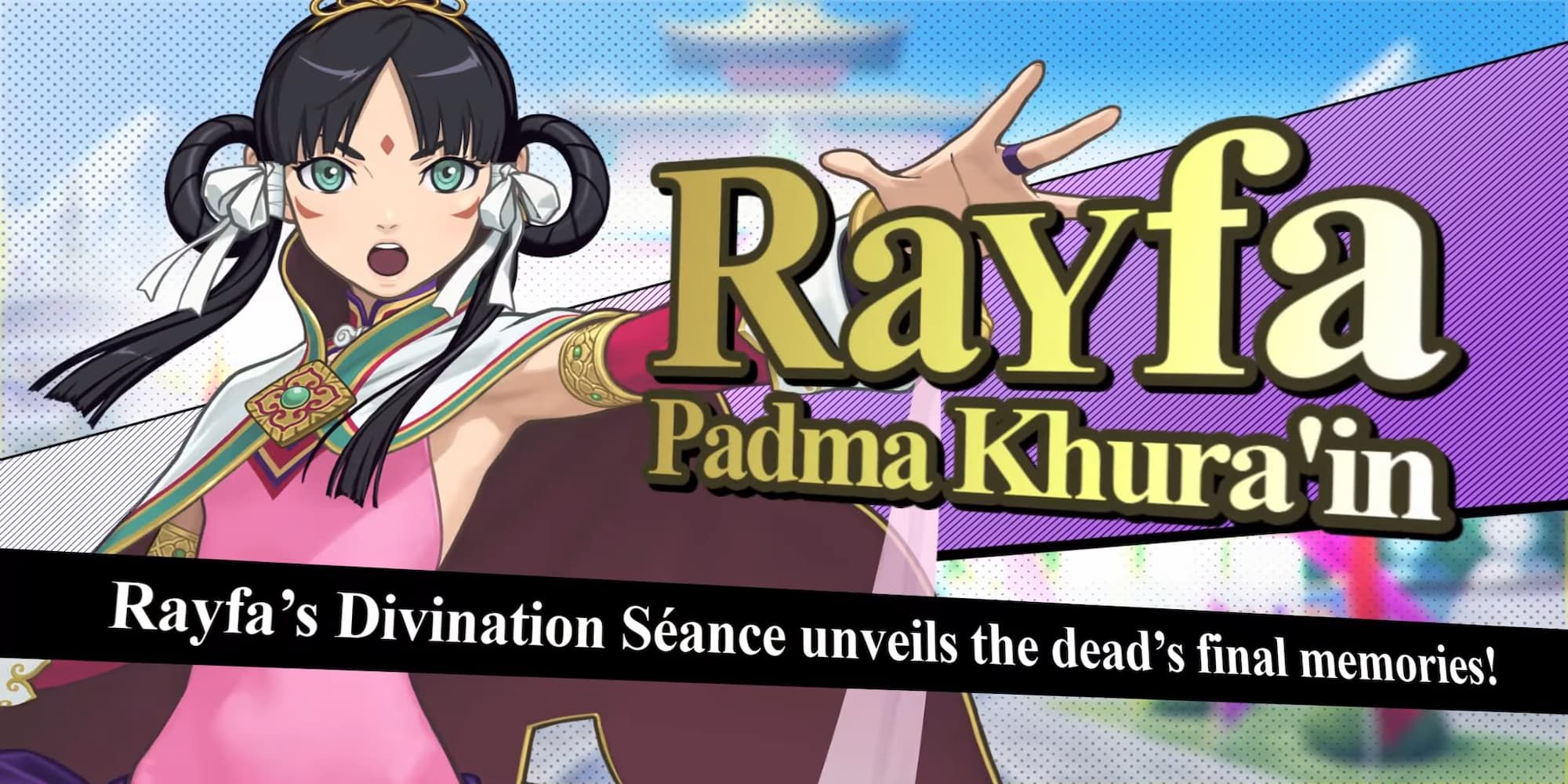 Ace Attorney Rayfa wearing traditional pink outfit and white cape staring at camera with arm out to side