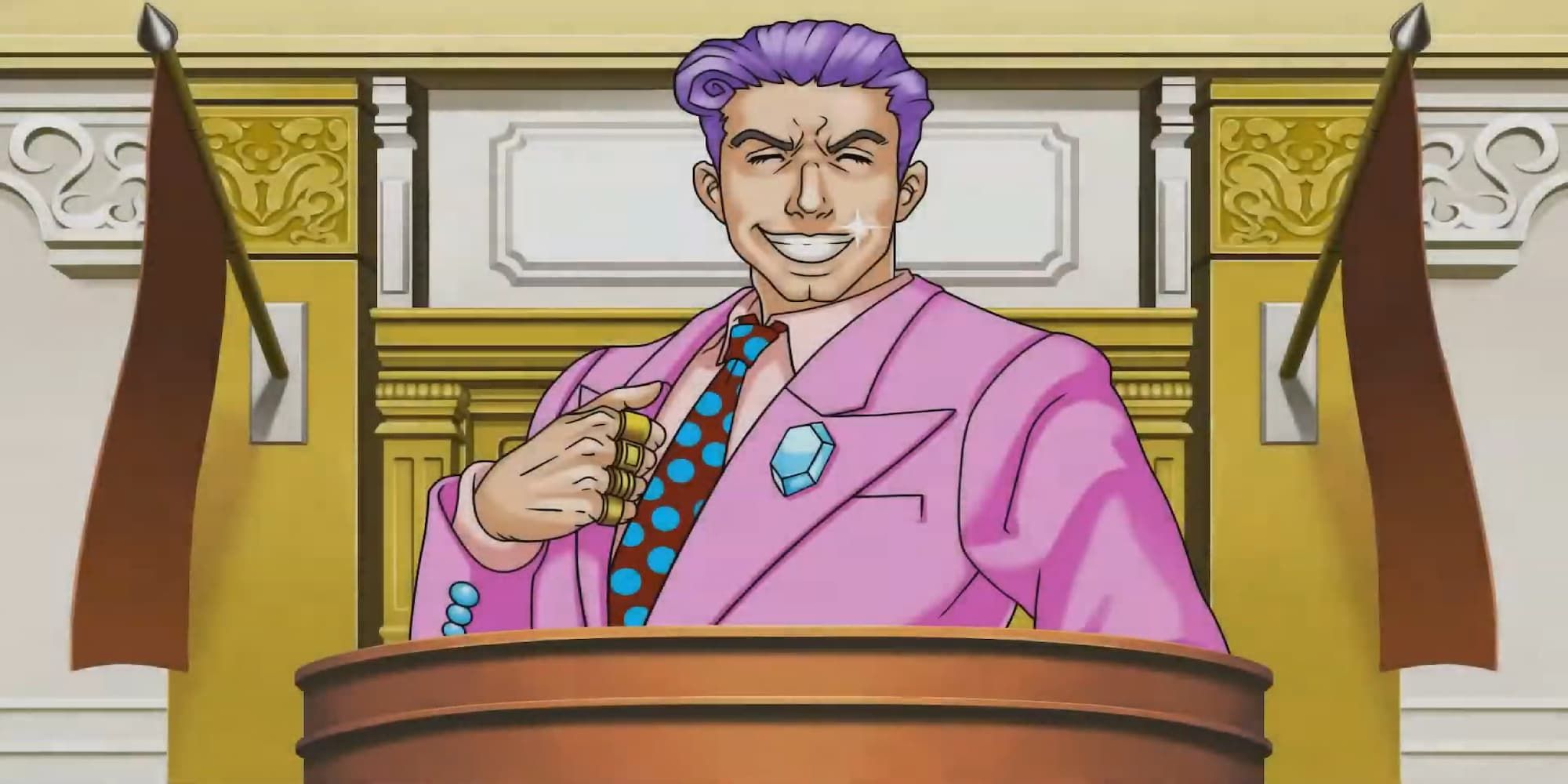 Ace Attorney Redd White Ace Attorney Redd White at witness stand in court purple hair wearing pink suit smiling at camera hand gripping suit
