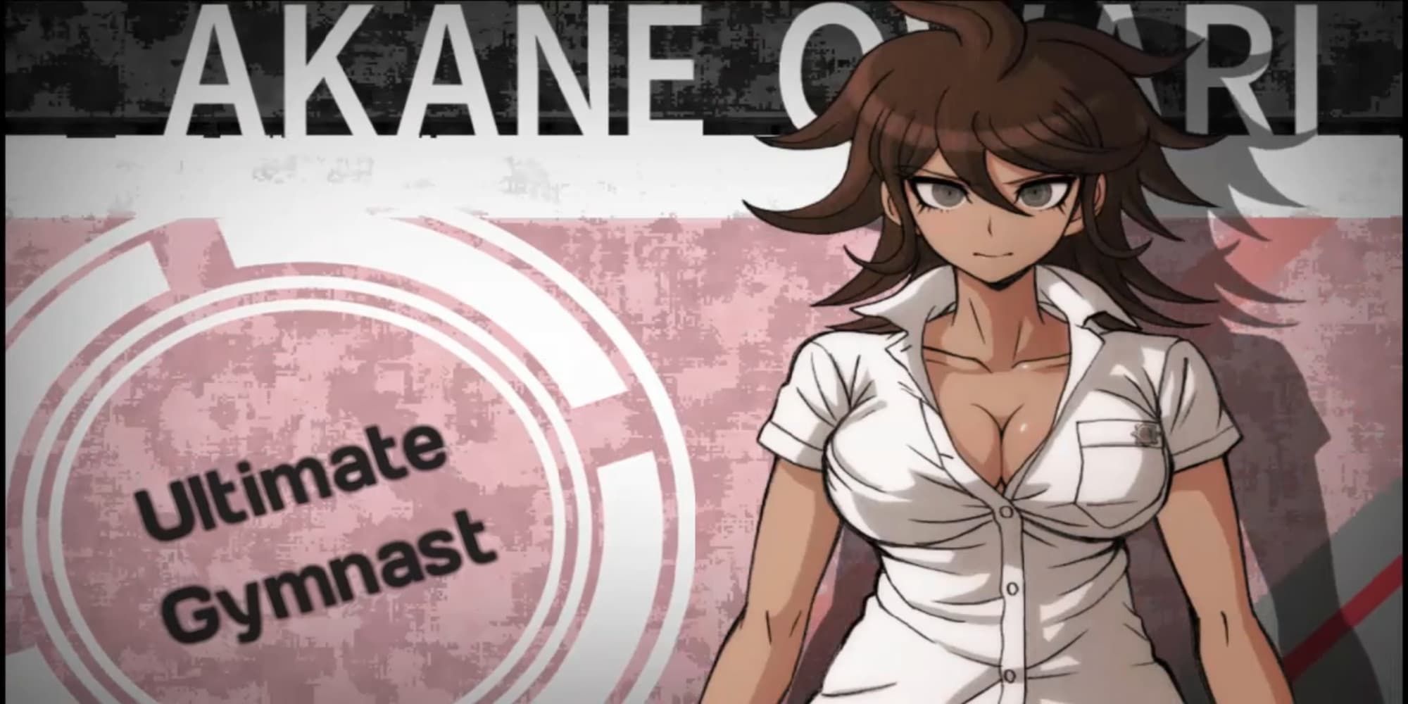 Akane from Danganronpa 2 wearing white button down shirt standing with arms at sides staring straight at camera
