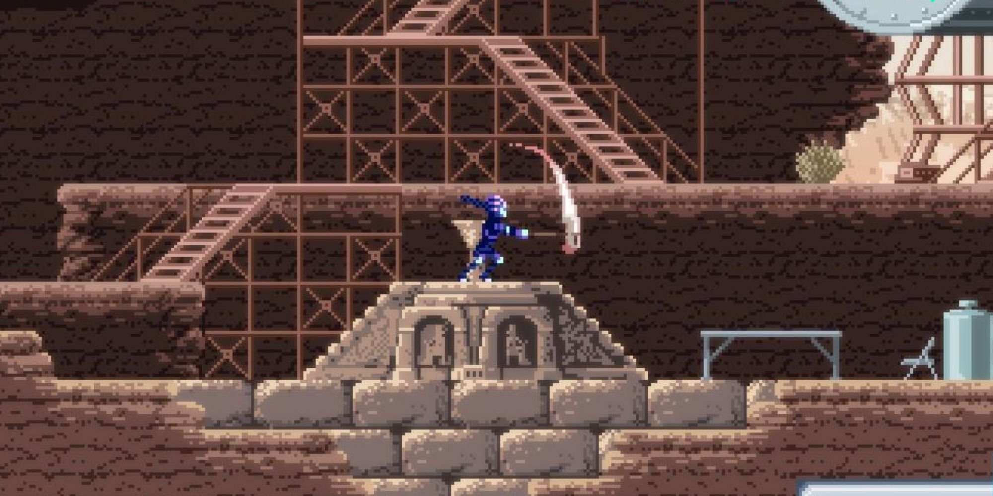 The drone's human form swinging the Bronze Axe weapon in Axiom Verge 2