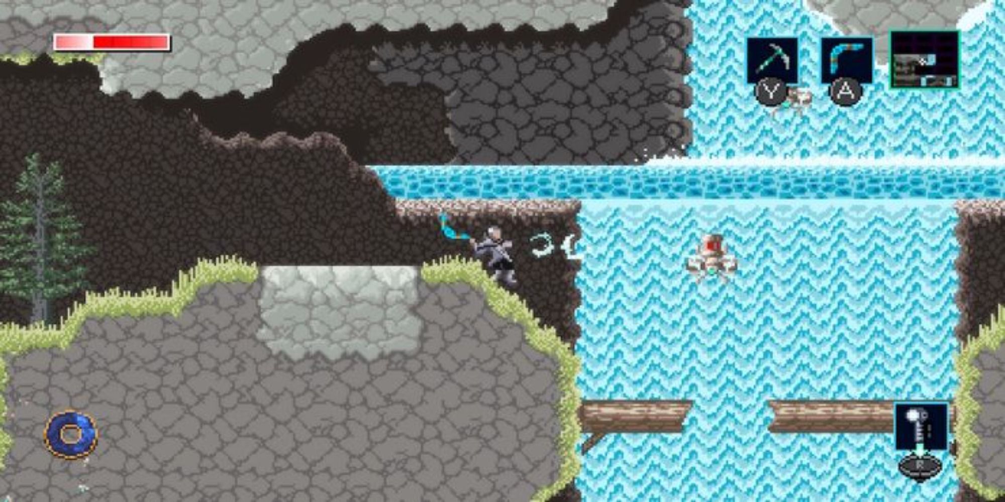 The main protagonist throwing her boomerang at an enemy drone in Axiom Verge 2