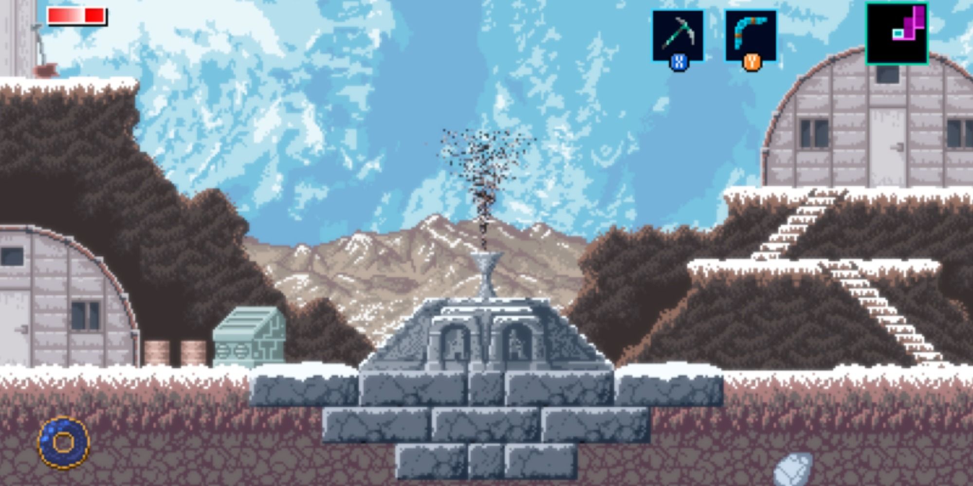 The protagonist respawning at a checkpoint after dying in Axiom Verge 2