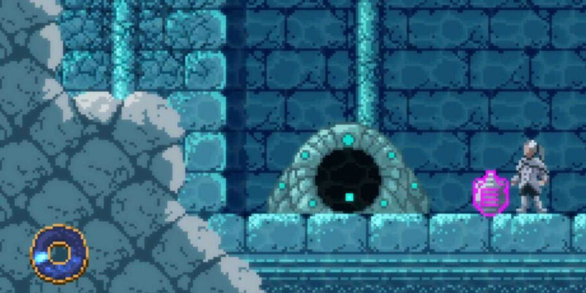 The protagonist standing behind a pink Urn that contains an ability in Axiom Verge 2