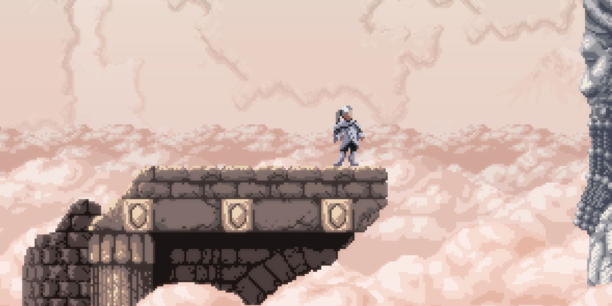 The main protagonist standing on a stone platform in front of a cloudy sky in Axiom Verge 2
