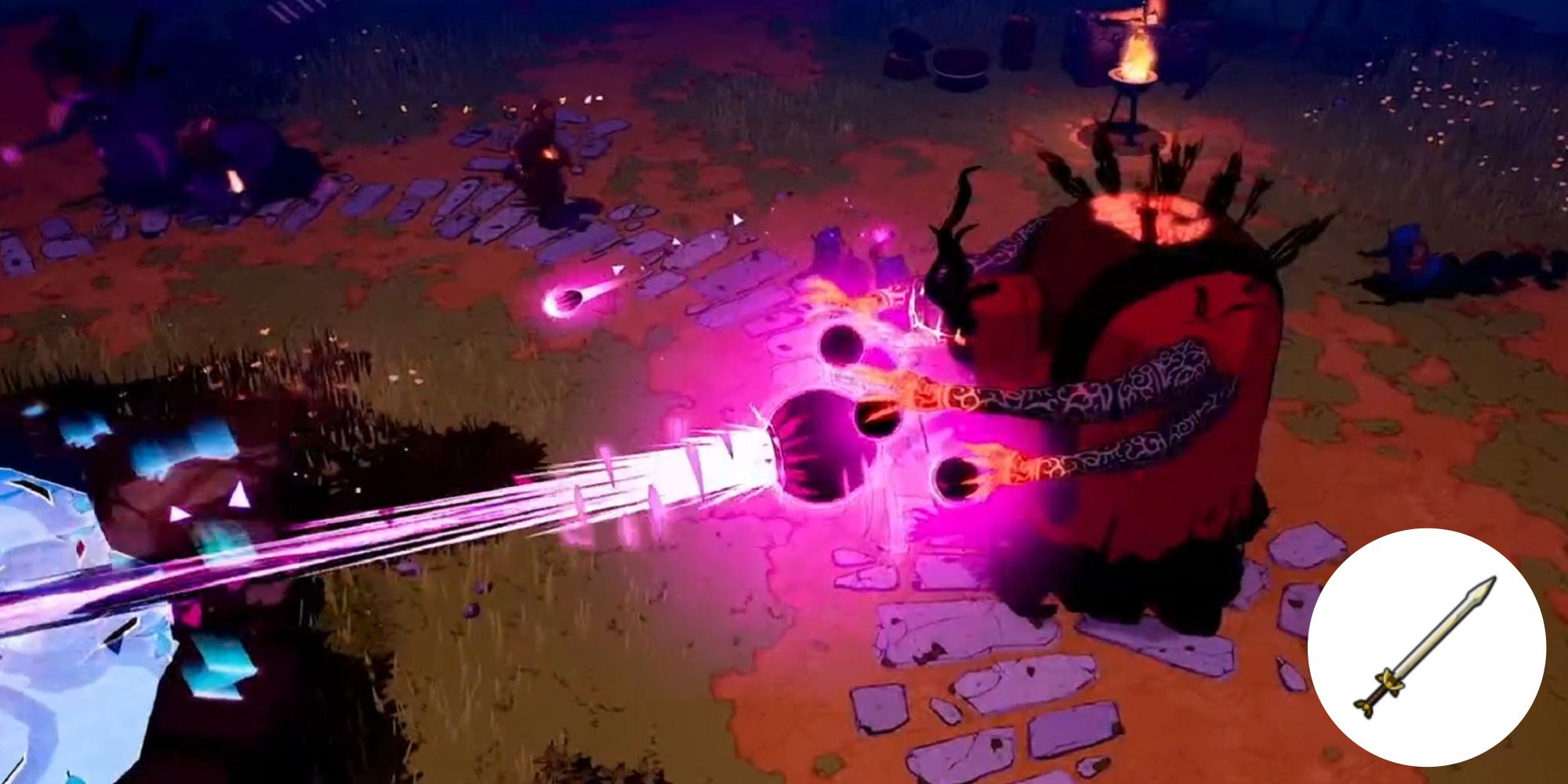 An orange monster from hell shooting a pink beam of energy from a black orb in front of its hands