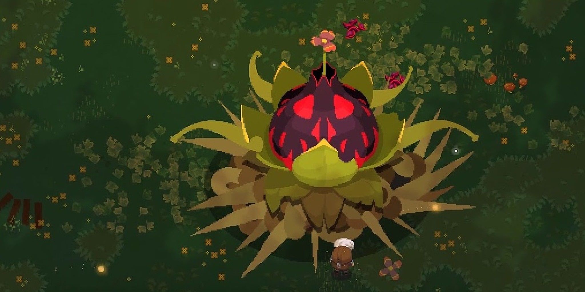 Carnivorous Mutae Moonlighter with Will standing next to it in grassy boss room