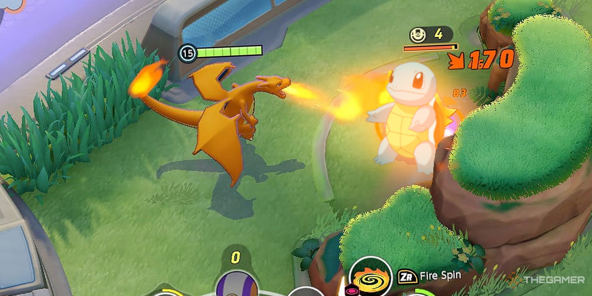 A charizard using flamethrower on an utterly unbothered squirtle