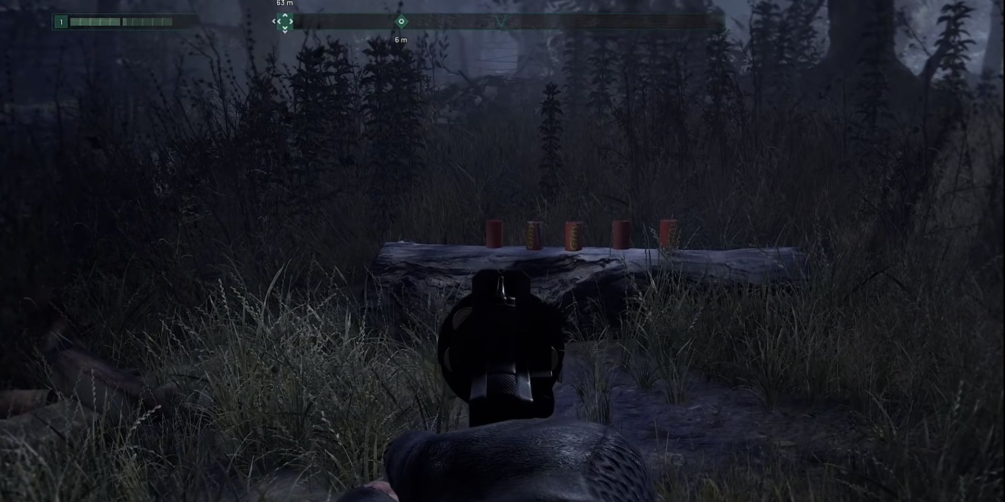 The player engaging in target practice with a revolver in Chernobylite