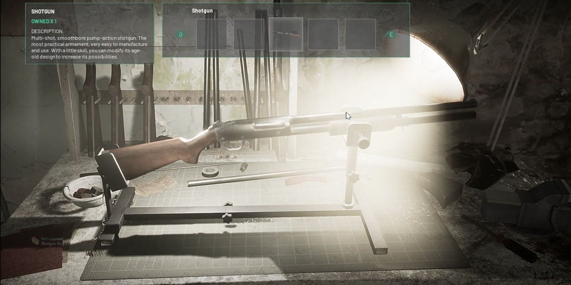 A shotgun on an upgrade bench in Chernobylite
