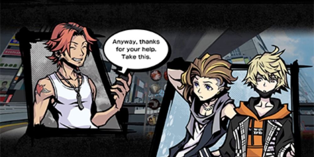 Trader Ryoji thanking Rindo and Fret for helping him in Neo: The World Ends With You