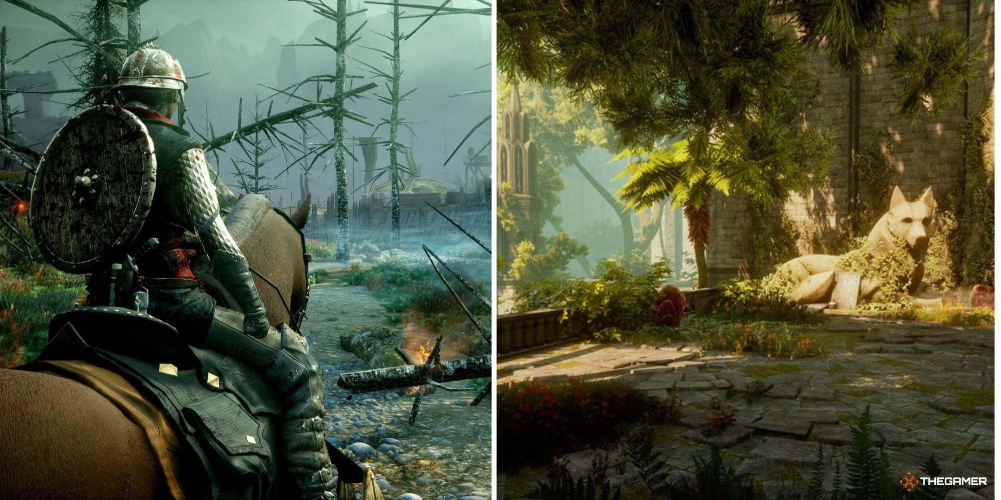 Dragon Age Inquisition - player riding horse in a forest on left, temple of Mythal with Fen'Harel statue on right