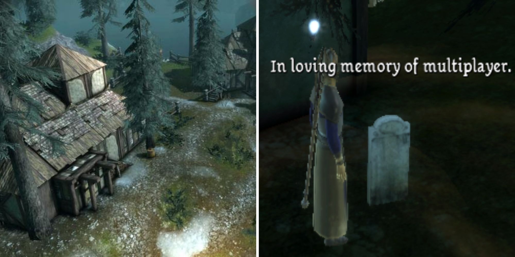 Dragon Age Origins - Haven (as seen from above) on left, Player standing over Grave in Haven on right