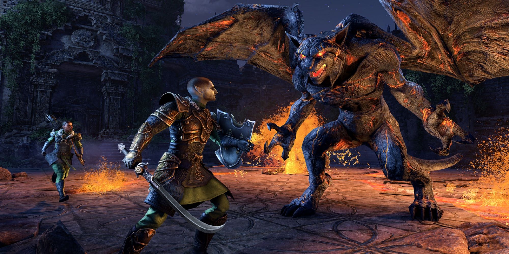 Two adventurers facing off against the Grundwulf boss in Elder Scrolls Online.