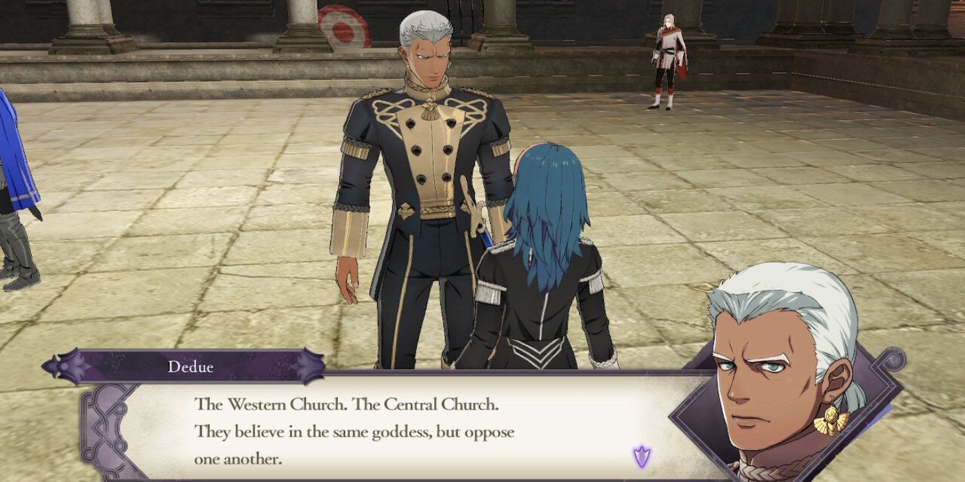 Dedue talks to Byleth about how the different churches oppose one another, despite believing in the same goddess