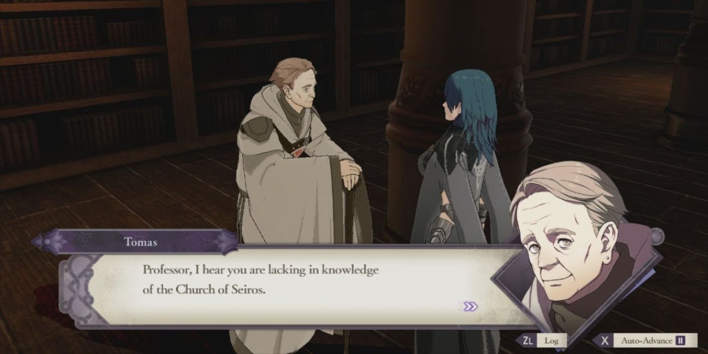 Tomas talks to Byleth in the library, where all books in it are sanctioned by the church