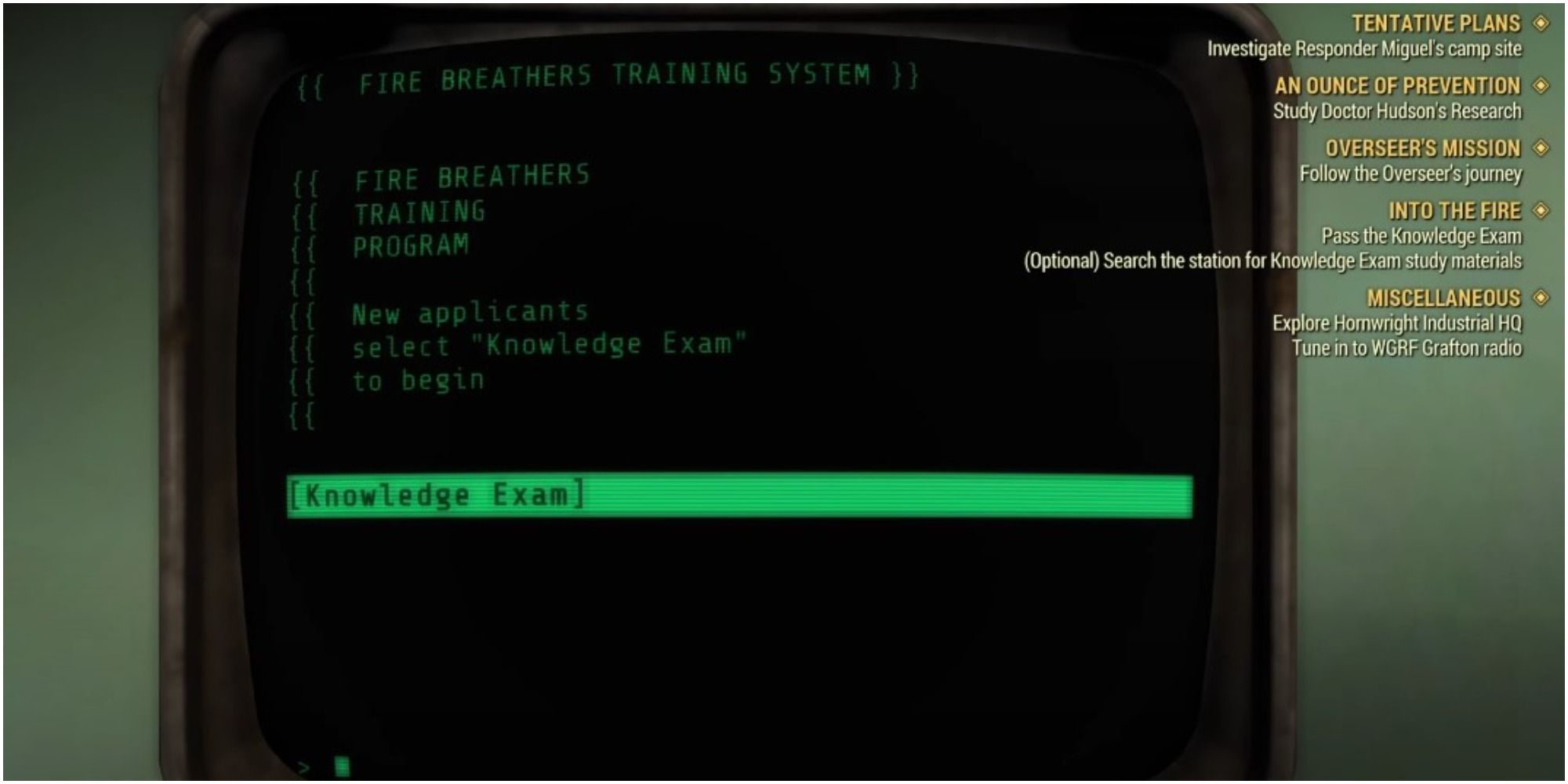 Fallout 76 Intro Screen For Beginning The Knowledge Exam
