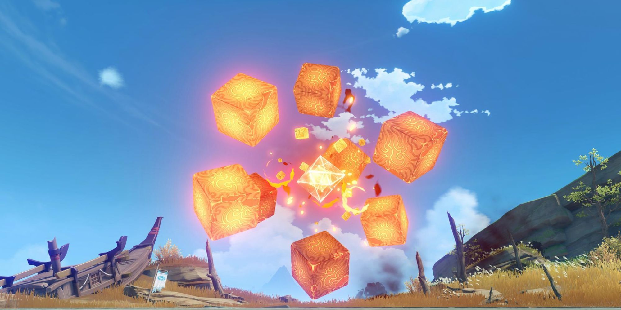 Genshin Impact Pyro Boss in Open Field In Cube Form