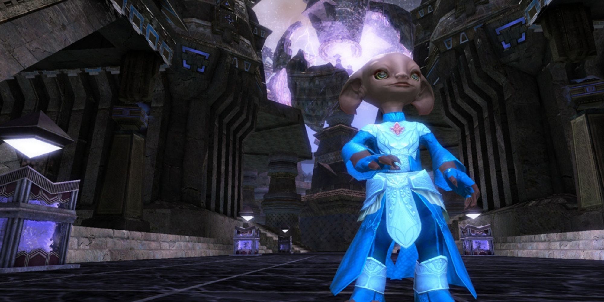 Guild Wars 2 Asura - Elementalist Asura standing with Asuran architecture