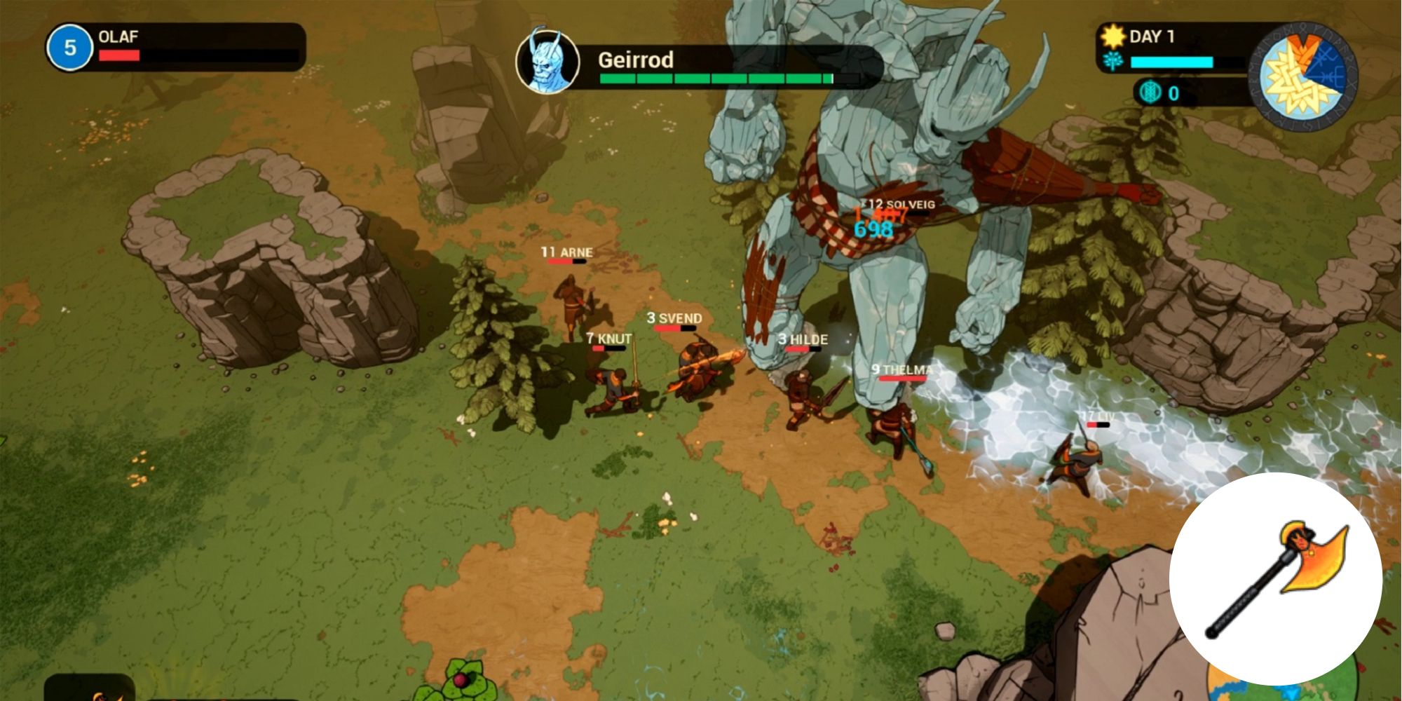A screenshot of Tribes of Midgard featuring players fighting a stone giant