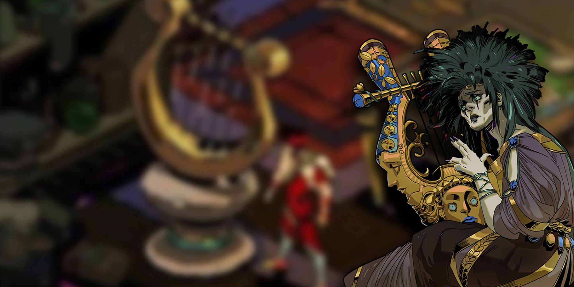 Hades - Blurred Out Image Of Zag Playing The Lyre In His Room With PNG of Orpheus Overlaid On Top