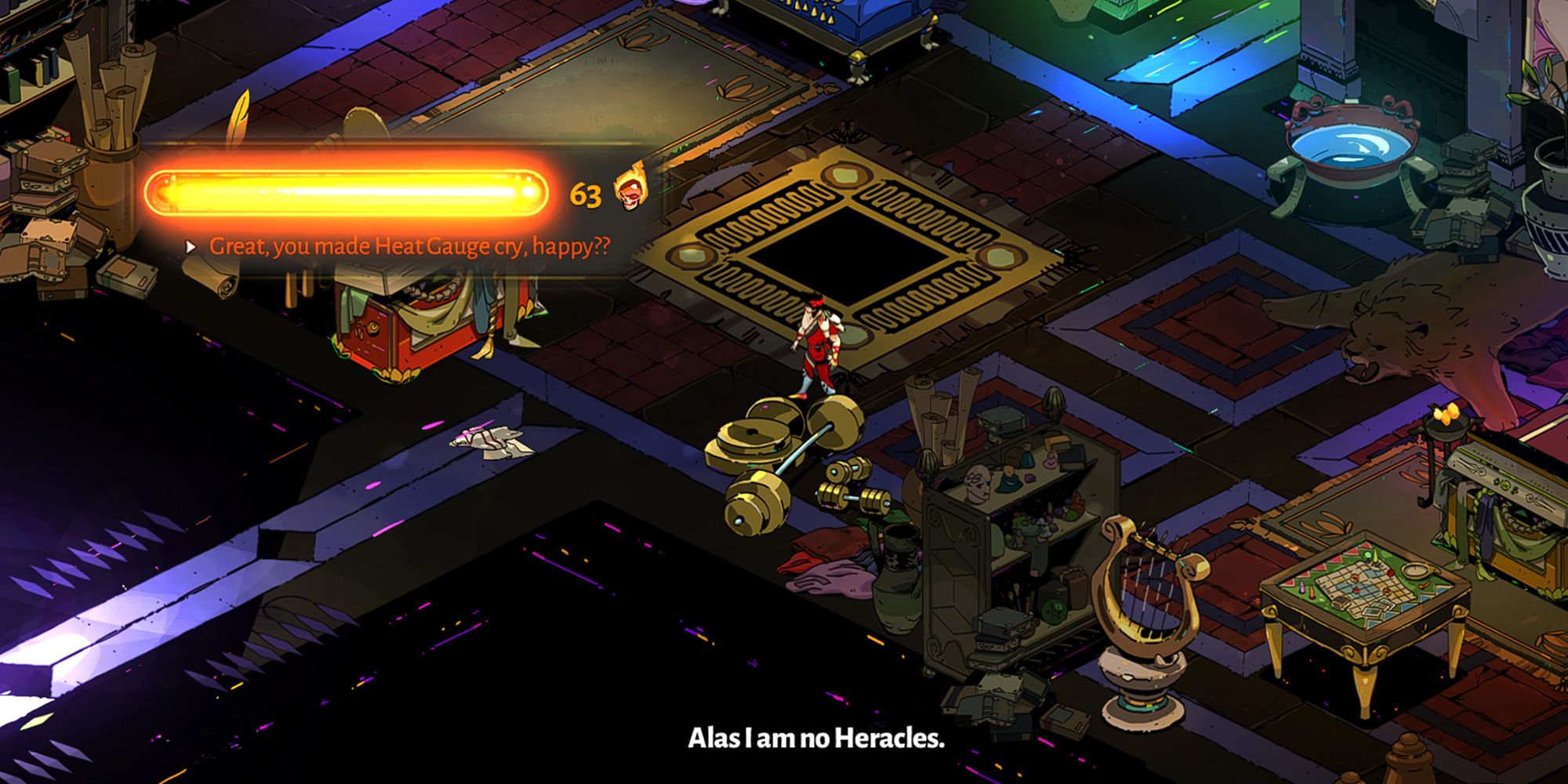 Hades - Zagreus Comparing Himself To Hercules With The Heat Gauge Topped Out At 63 Heat Overlaid On Top