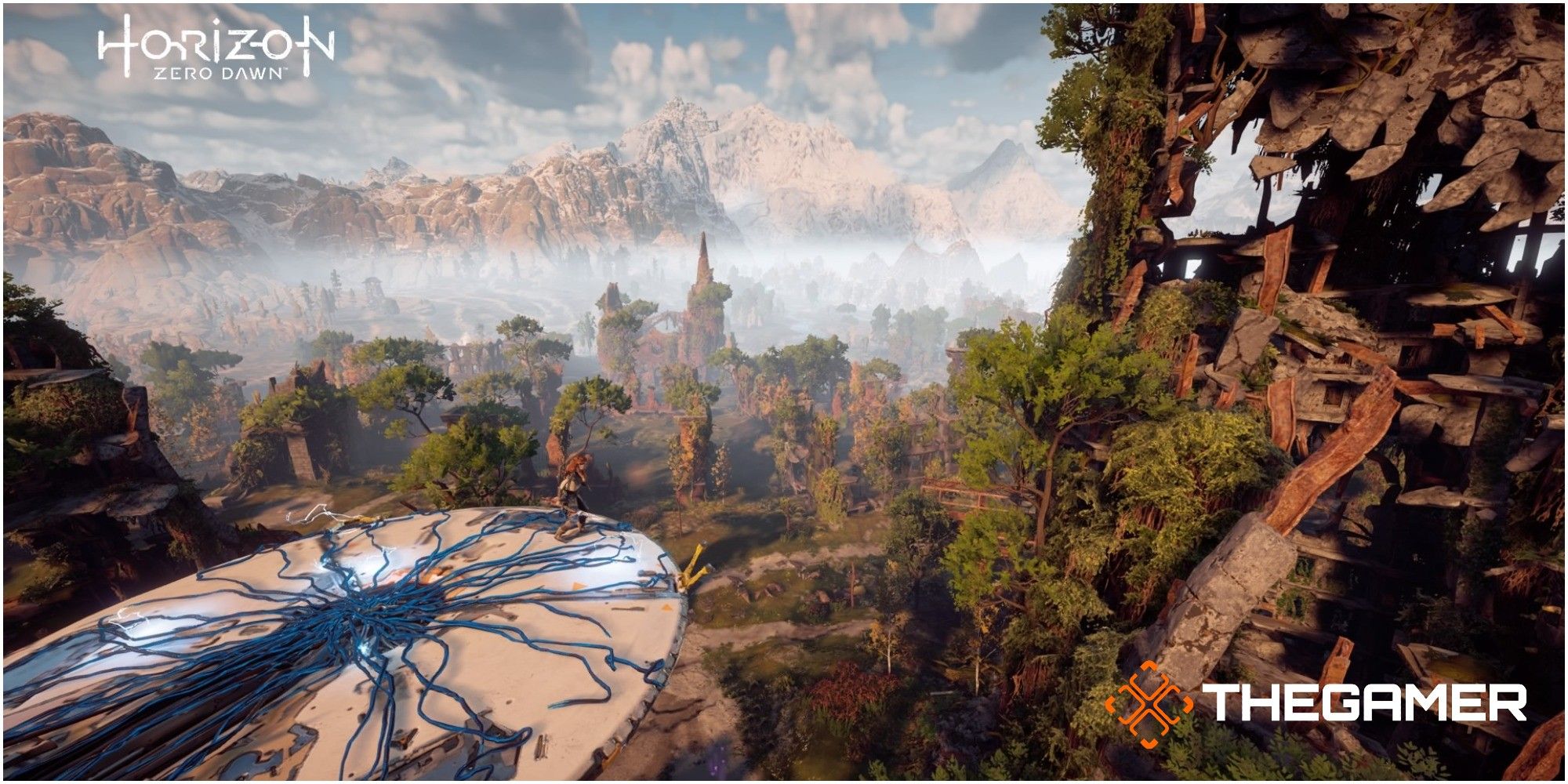 Horizon Zero Dawn Aloy On Top Of Tallneck At Devil's Thirst