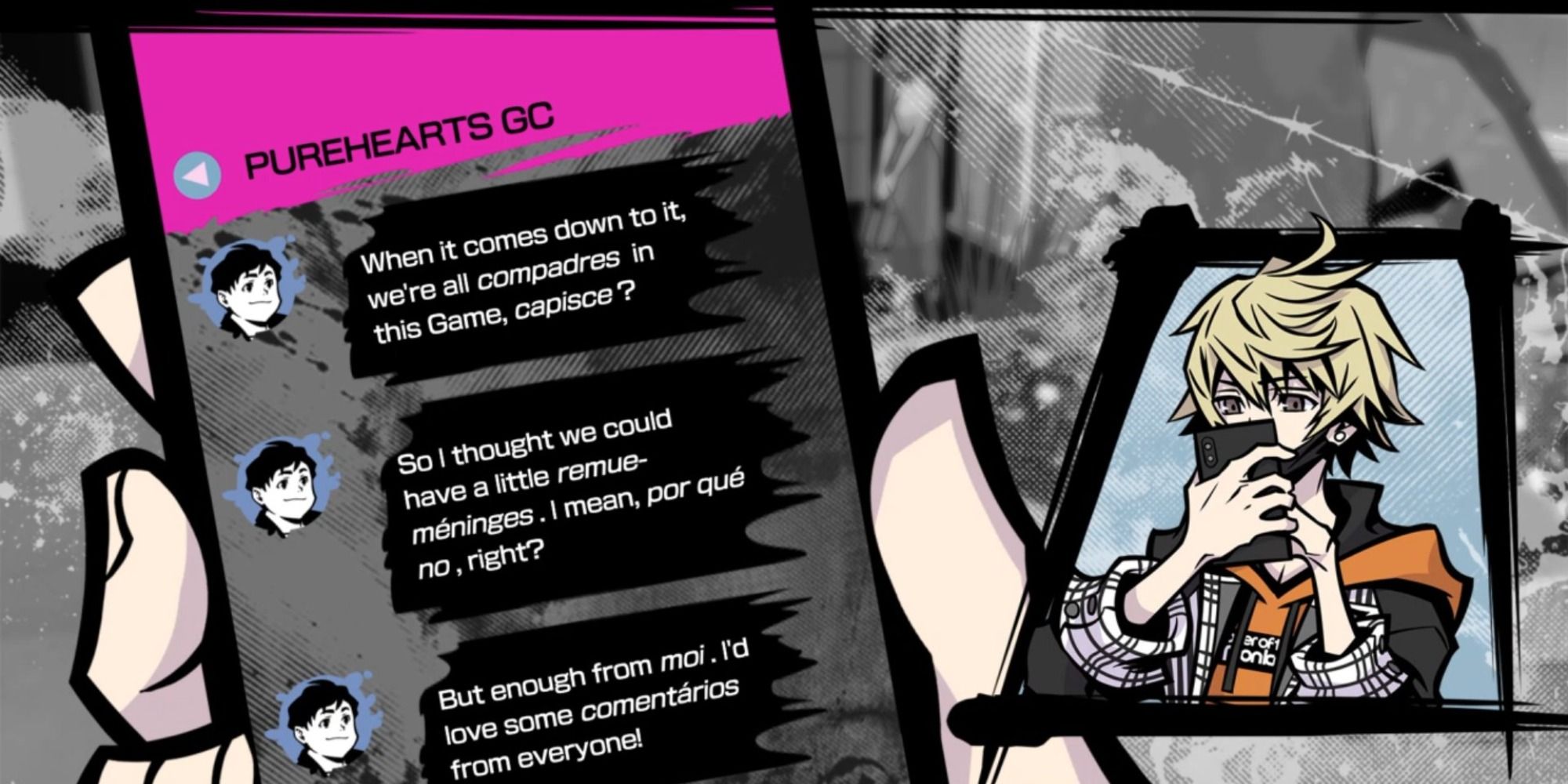 Rindo looking over Moti's messages in Neo: The World Ends With You