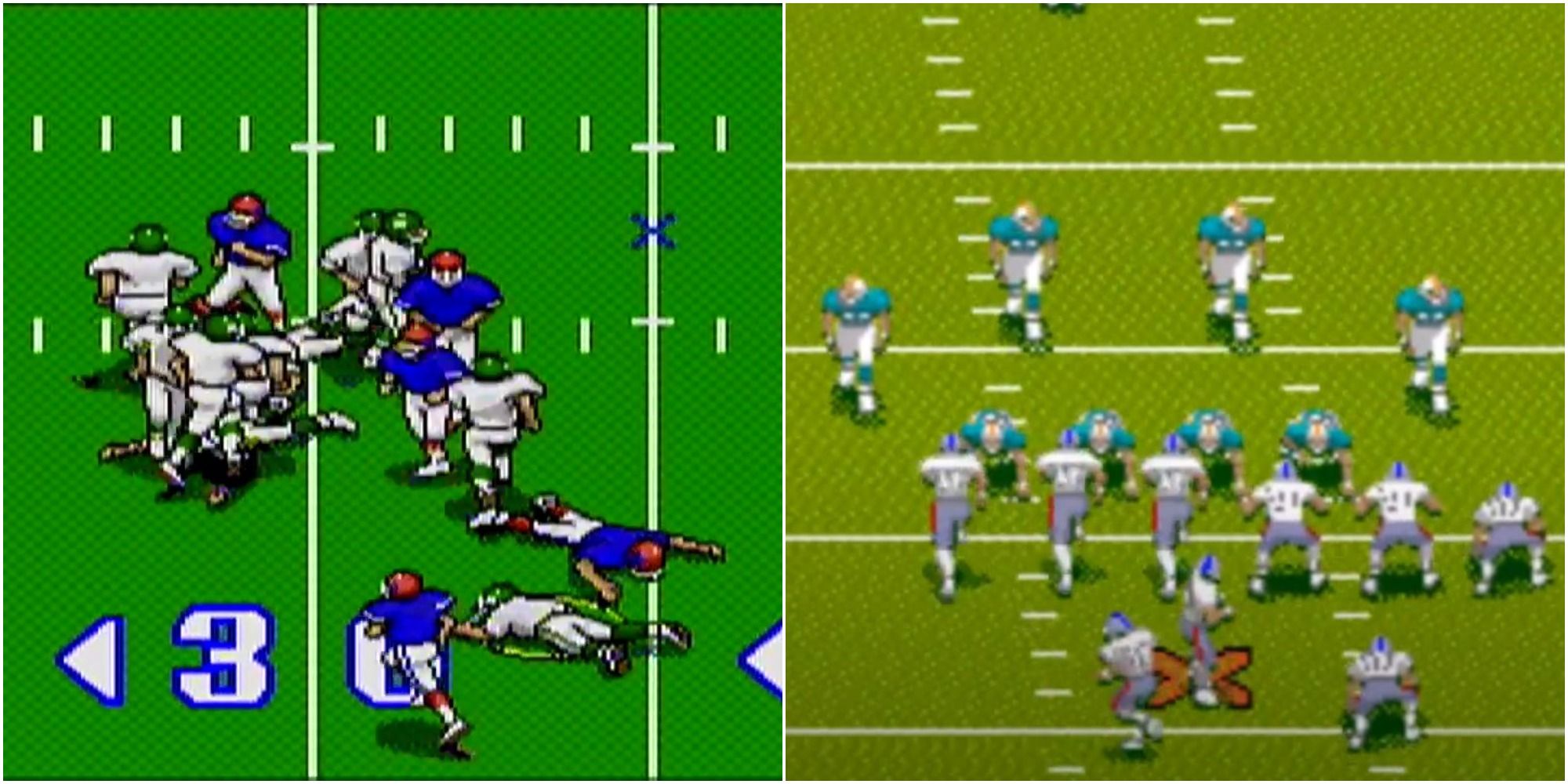 Left: The Eagles face the Chiefs in Joe Montana Football II: Sports Talk Football. Right: The Miami Dolphins face the New England Patriots in NFL '98