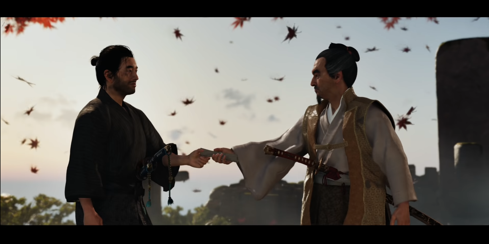 Lord Shimura hands Jin Sakai a scroll before engaging in battle in Ghost of Tsushima