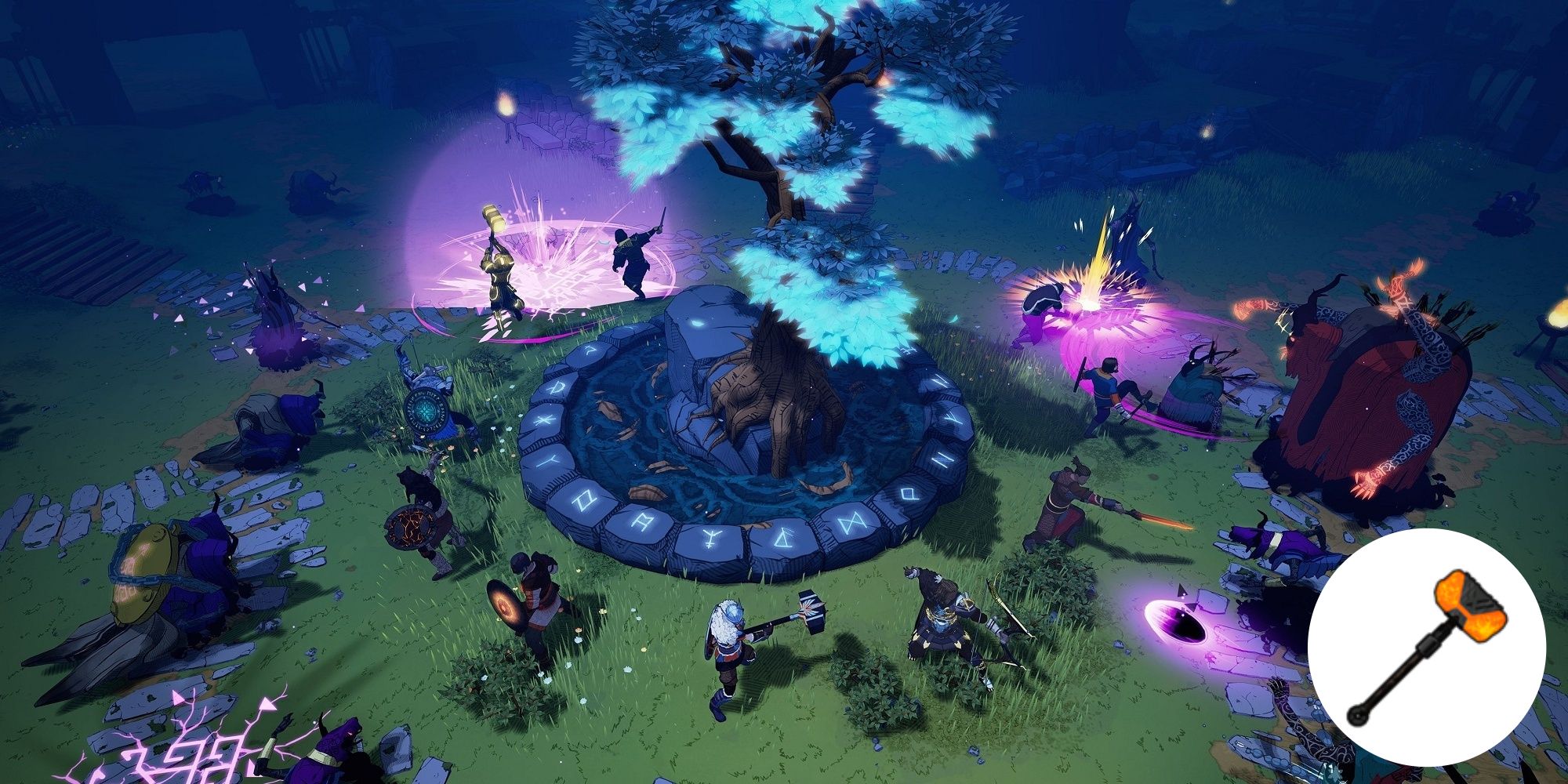 A screenshot of Tribes of Midgard featuring a large green and blue tree surrounded by ritual stones with players fighting around in during the night