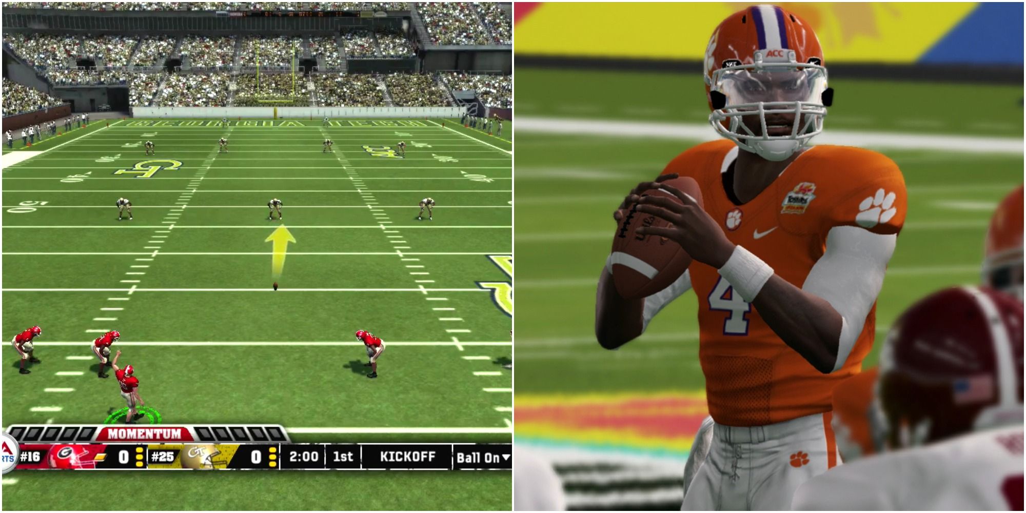 Left: University of Georgia players line up for a kick-off against Georgia Tech in NCAA Football 07. Right: Close-up of the Clemson QB in NCAA Football 14. 