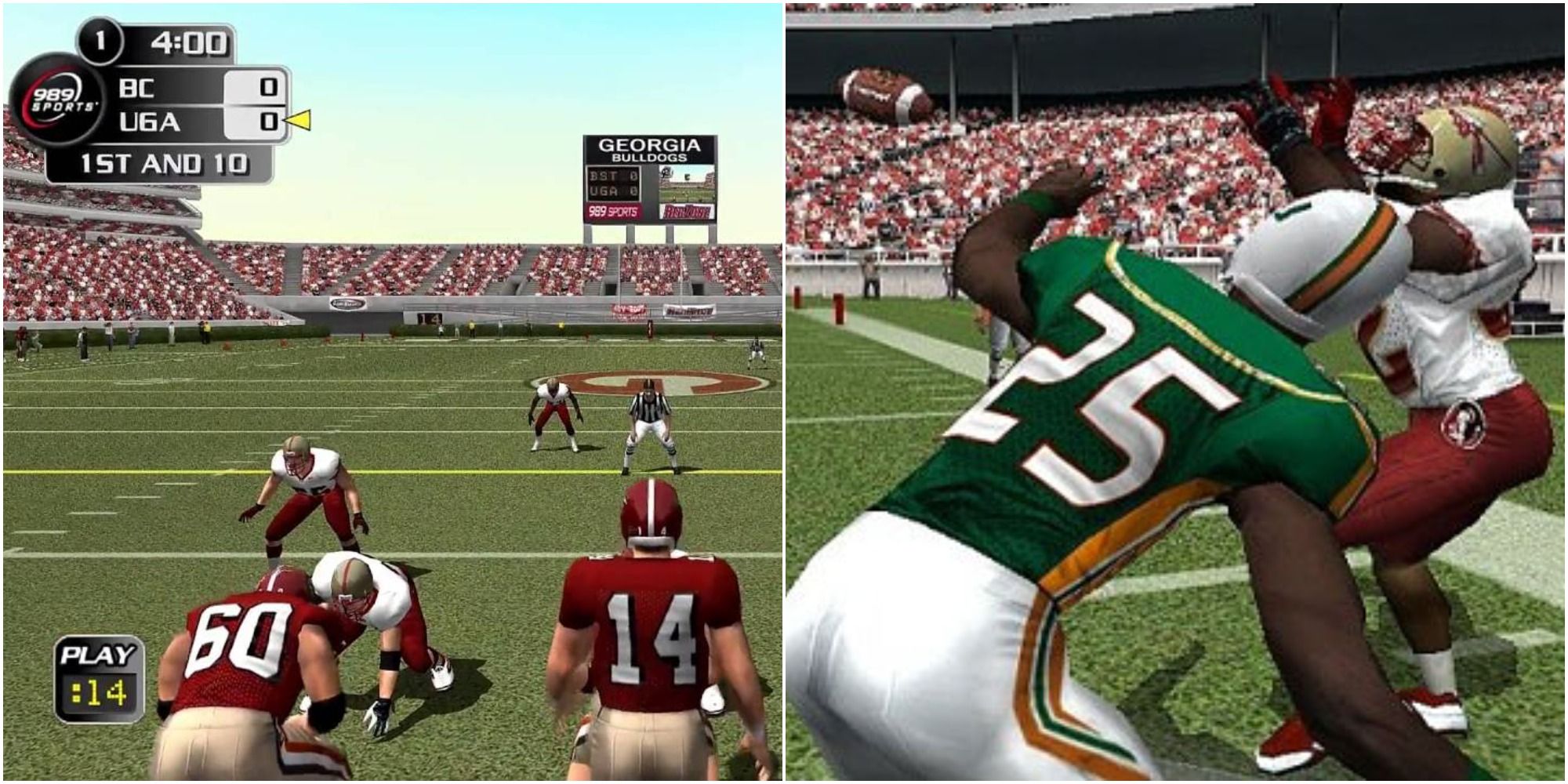 Left: University of Georgia lines up against Boston College in NCAA GameBreaker 2004. Right: A University of Miami player defends a pass against Florida State in NCAA GameBreaker 2004