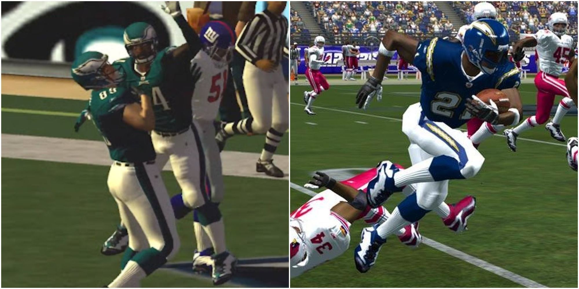 Left: The Eagles celebrate a touchdown against the Giants in NFL 2K. Right: LaDainian Tomlinson runs the ball against the Cardinals in NFL 2K. 