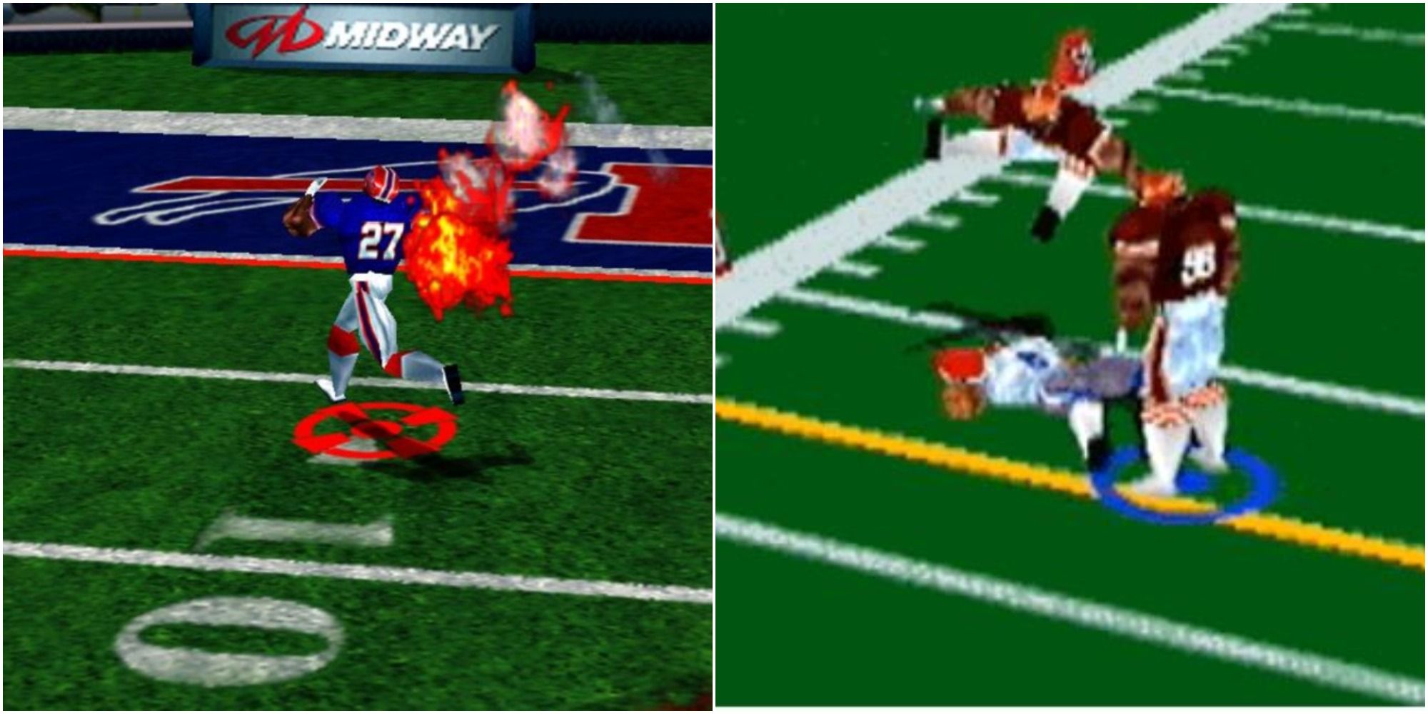 Showboating and violence reign supreme in NFL Blitz. Left: A player for the Bills is on fire due to making big plays. Right: A Browns player hits his opponent hard after the whistle. 