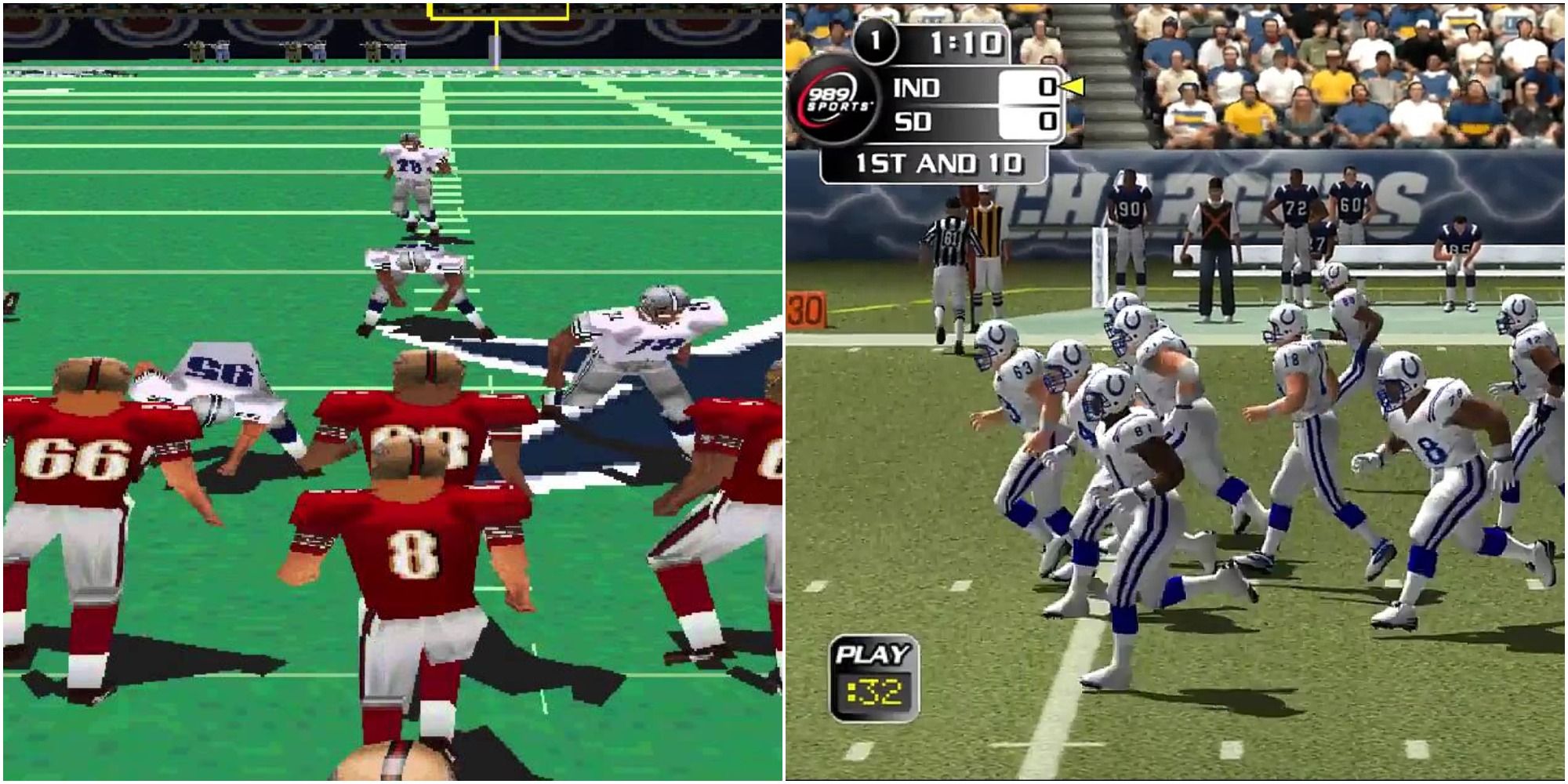 A side-by-side look at the graphical upgrades from NFL GameDay '98 to NFL GameDay 2002