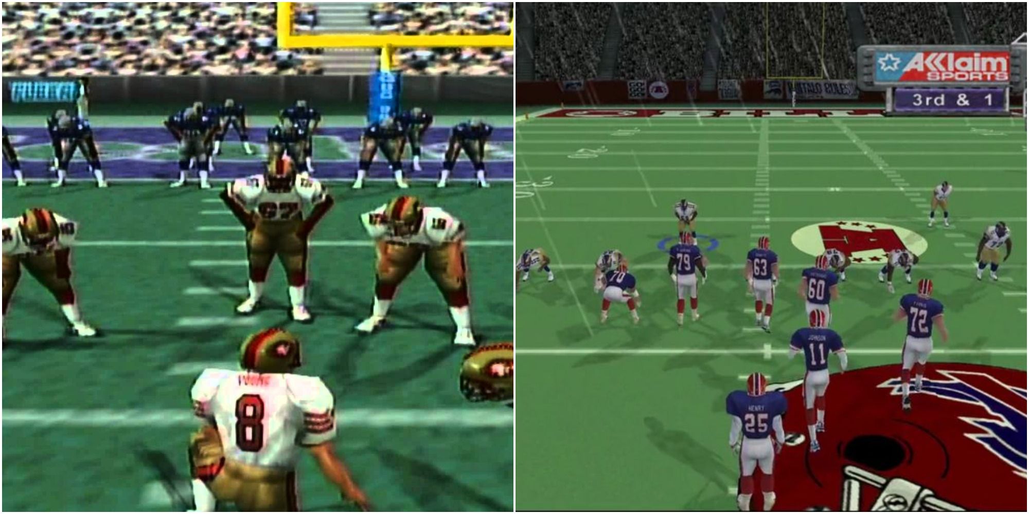 Left: The San Francisco 49ers try to score against the Seattle Seahawks in NFL QB Club '98. Right: The Buffalo Bills drive against the St. Louis Rams in NFL QB Club 2002
