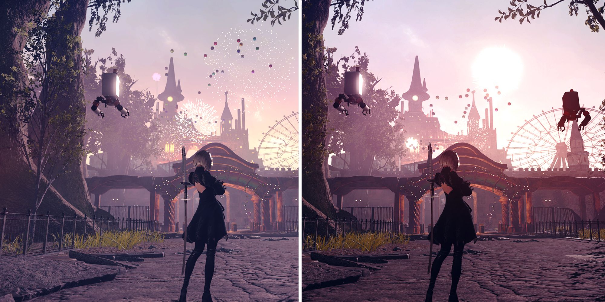 Neir Automata 2B at the Amusement Park with original colors (left side) and ReShade colors (right side).
