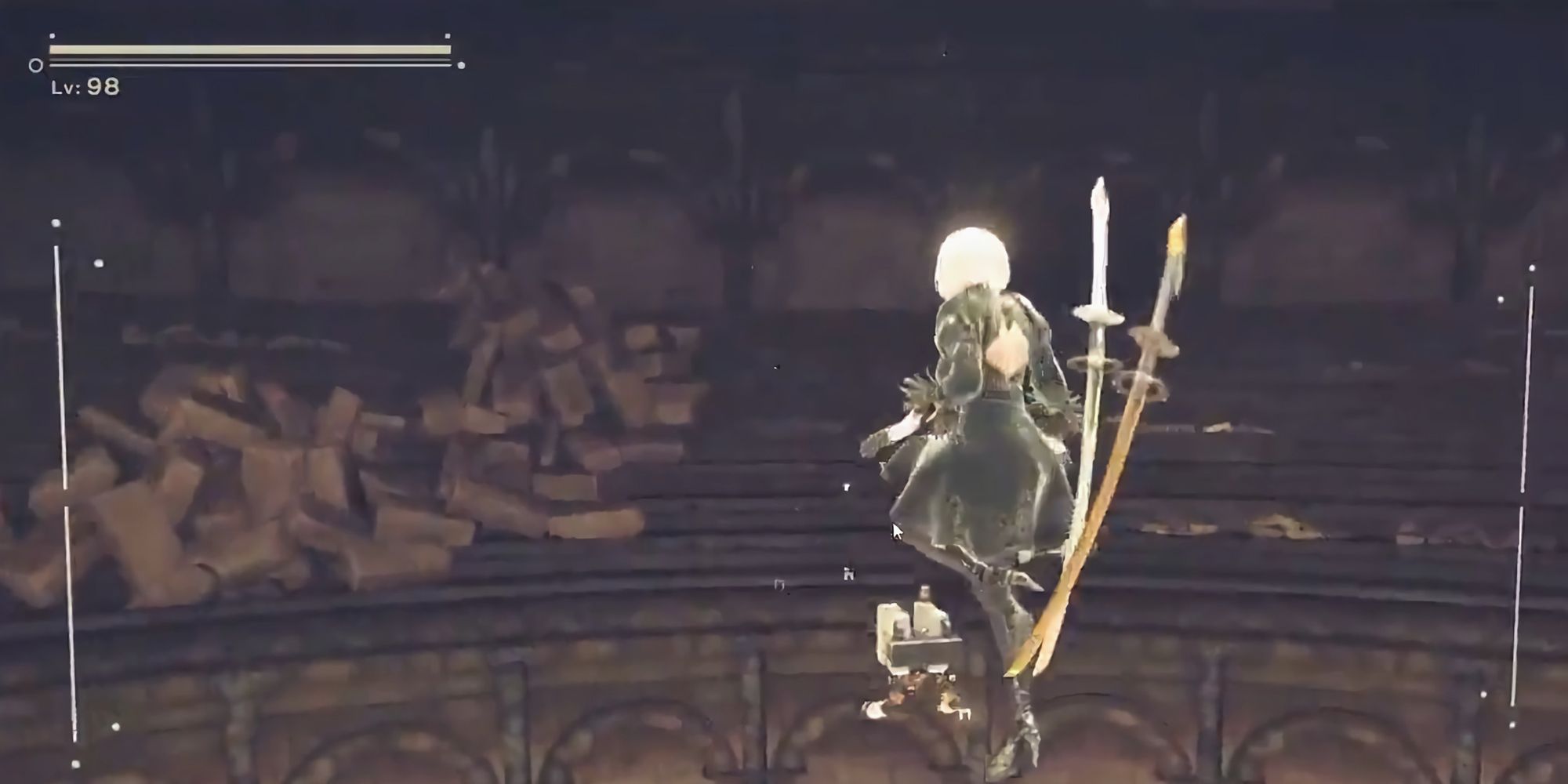 Using the Nier Automata Cheat Table to fight robots at the Amusement Park.
