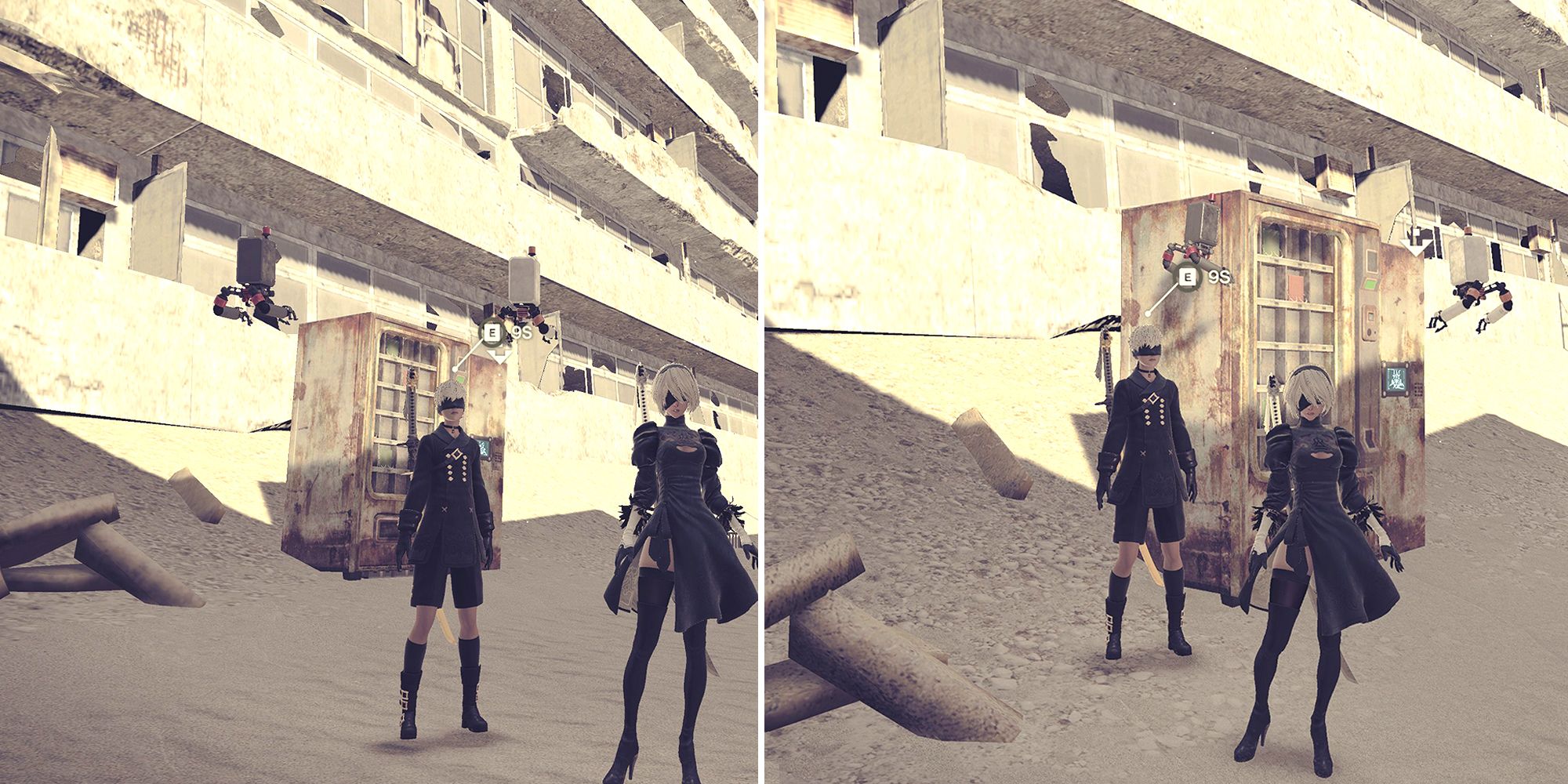 Nier Automata 2B and 9S standing in the Desert City texture comparison with and without mods.